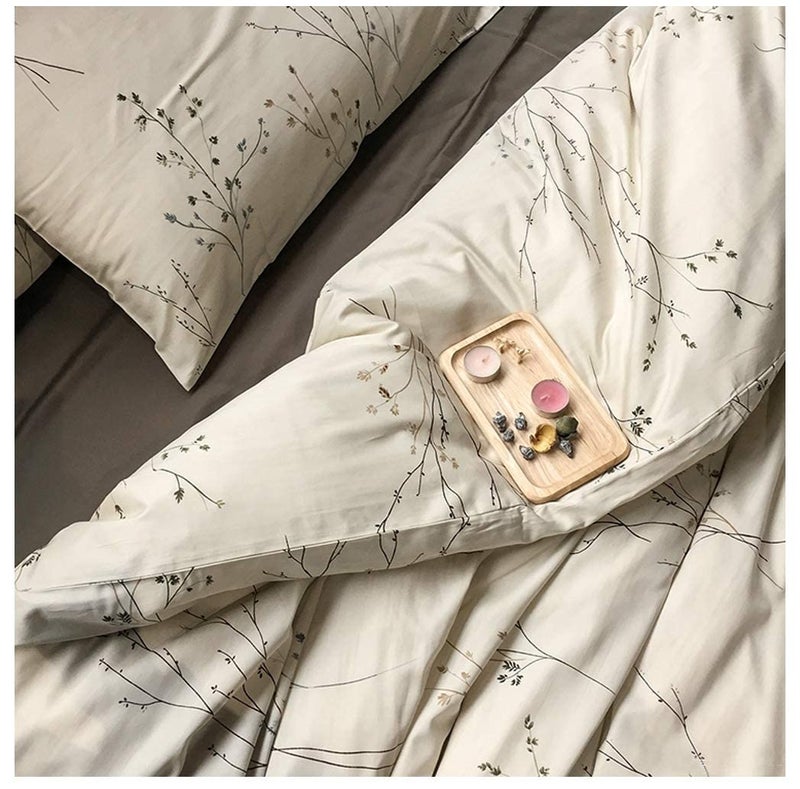Eikei Modern Vintage Retro Mod Print Bedding Egyptian Cotton Duvet Cover Set Minimalist Chic Botanical Design Asian Zen Style Reversible Pattern in Full Queen or King Size (Queen, Neutral Tan) - Image 3